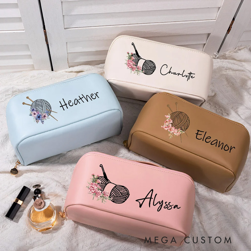 Personalized Birth Flower Crochet Wide Opening Leather Makeup Bag with Name Travel Accessories Birthday Wedding Gift for Bridesmaids Women