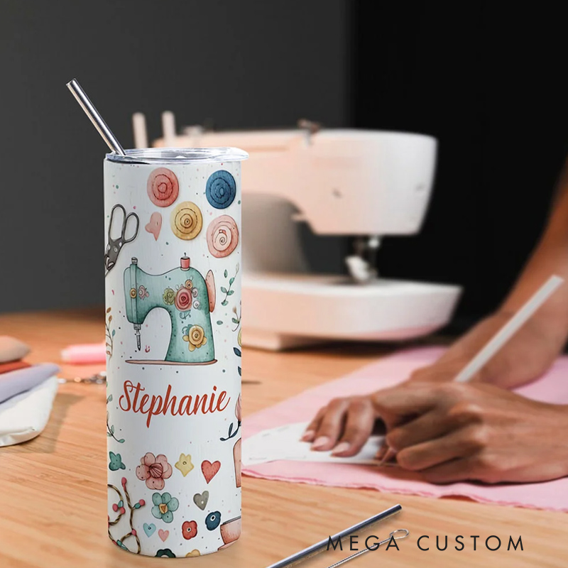 Personalized Sewing Theme Food Grade 20oz Skinny Tumbler with Lid and Straw Cleaning Brush Birthday Mother's Day Gift for Mother Sewing Lover