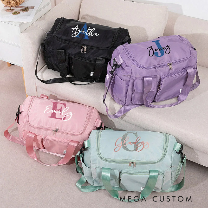 Personalized Glitter Initial Name Large Travel Duffle Bag with Multi-compartment and Shoulder Strap Back to School Birthday Gift for Women Girls