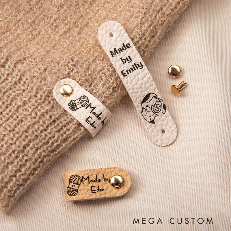 Personalized Set of 10 Made By Leather Crochet Knitted Tags Labels with Engraved Name Rivets Knitwear Accessories Gift for DIY Knitter Sewing Lovers