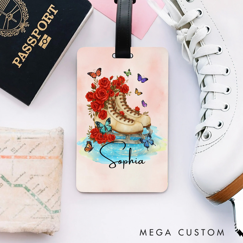 Personalized Birth Flower Ice Skating Luggage Tag with Name Travel Accessories Birthday Gift for Travel Lovers Skating Enthusiasts