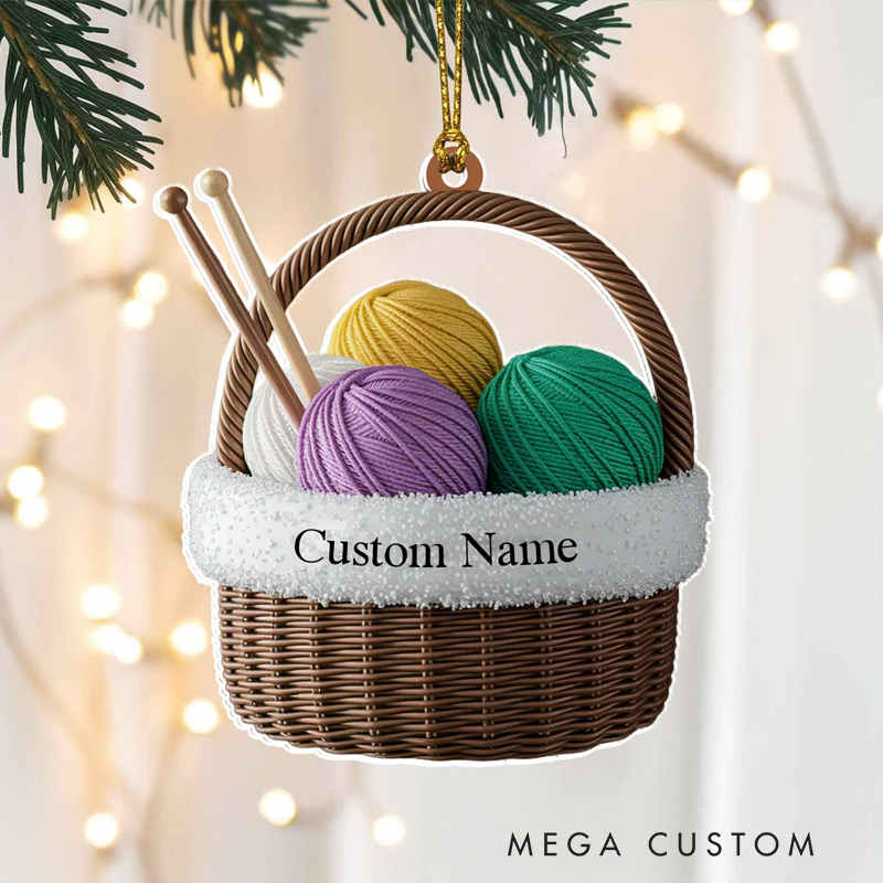 Personalized Knitting Basket Flat 2D Acrylic Christmas Ornament Tree Hanging Decor Personalized Yarn Ornament Gift for Knitters and Crochet Lovers