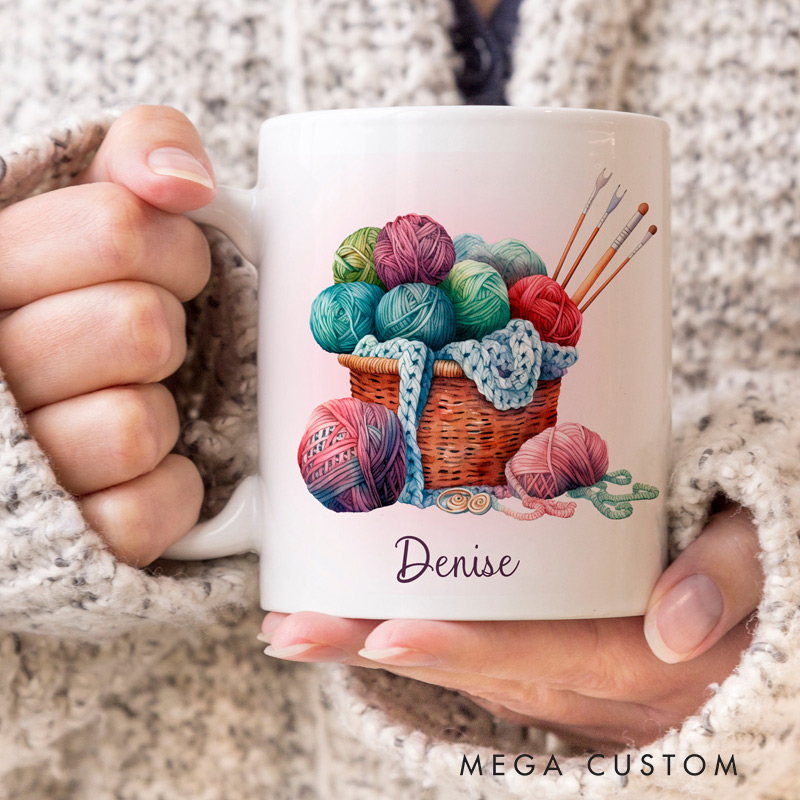Personalized Knitting Coffee Mug Gifts for Knitting Lovers Yarn Basket and Custom Name