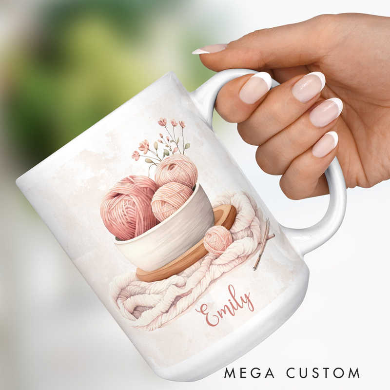 Personalized Knitting Coffee Mug Gifts for Knitting Lovers Floral Yarn and Custom Name