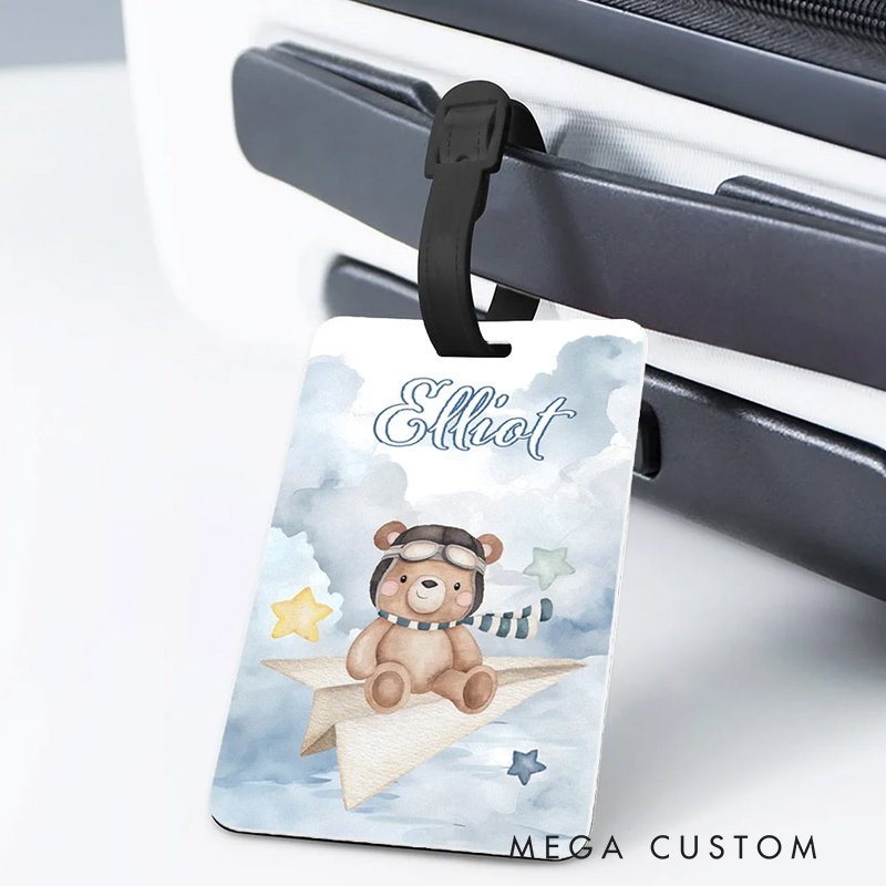 Personalized Cute Little Bear Pilot Watercolor Luggage Tag with Name Travel Accessories Birthday Holiday Gift for Boys Girls