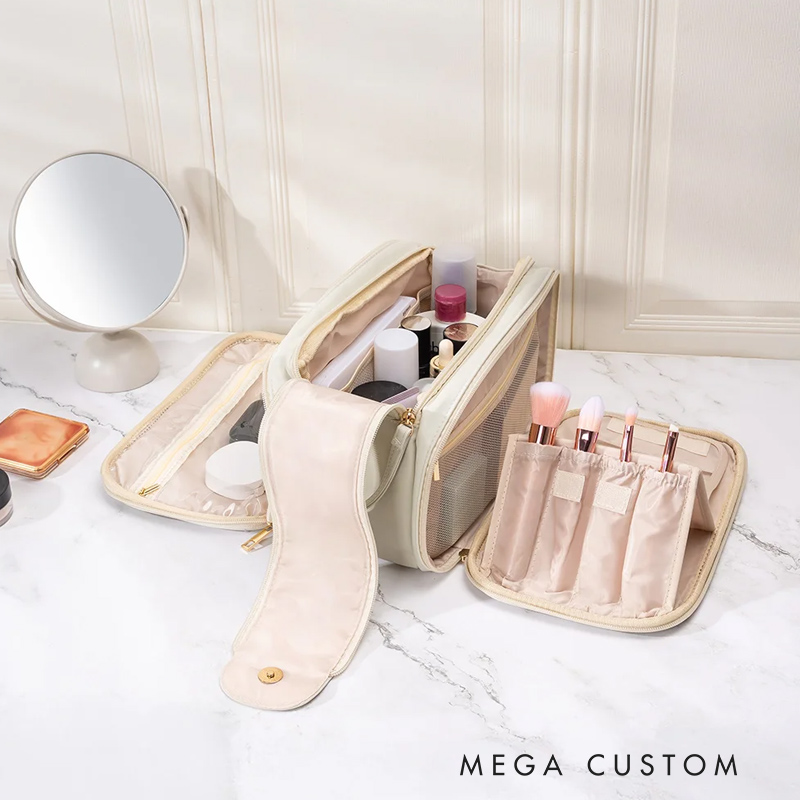 Personalized Simple Name Design Large Multi-compartment Leather Makeup Bag with Makeup Brush Holder Travel Essentials Birthday Gift for Women