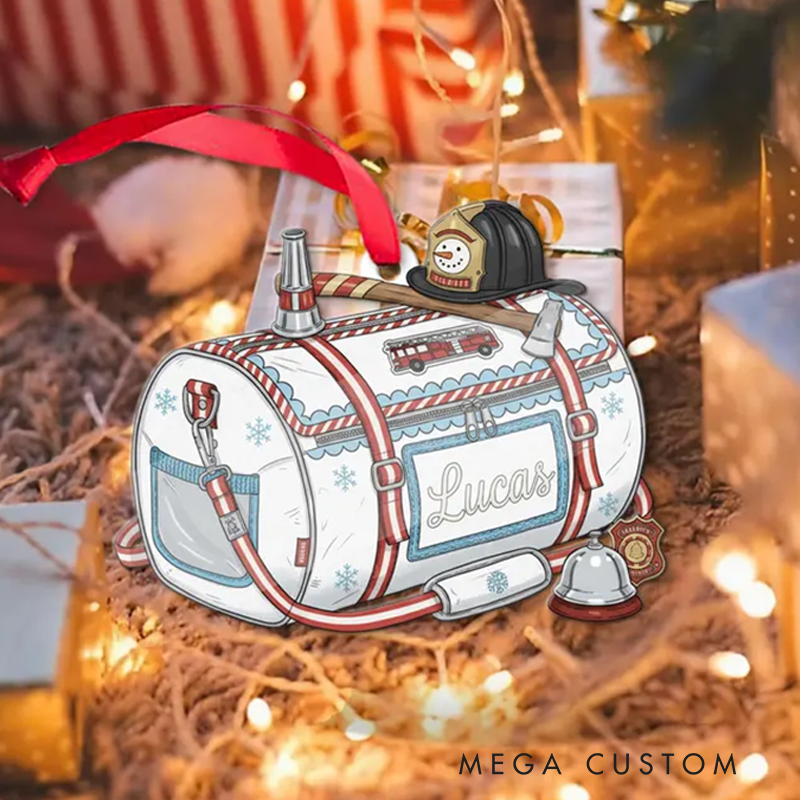 Personalized Firefighter Gear Bag Ornament Custom Acrylic or Wooden Xmas Tree Decor Gift for Fireman or Hero