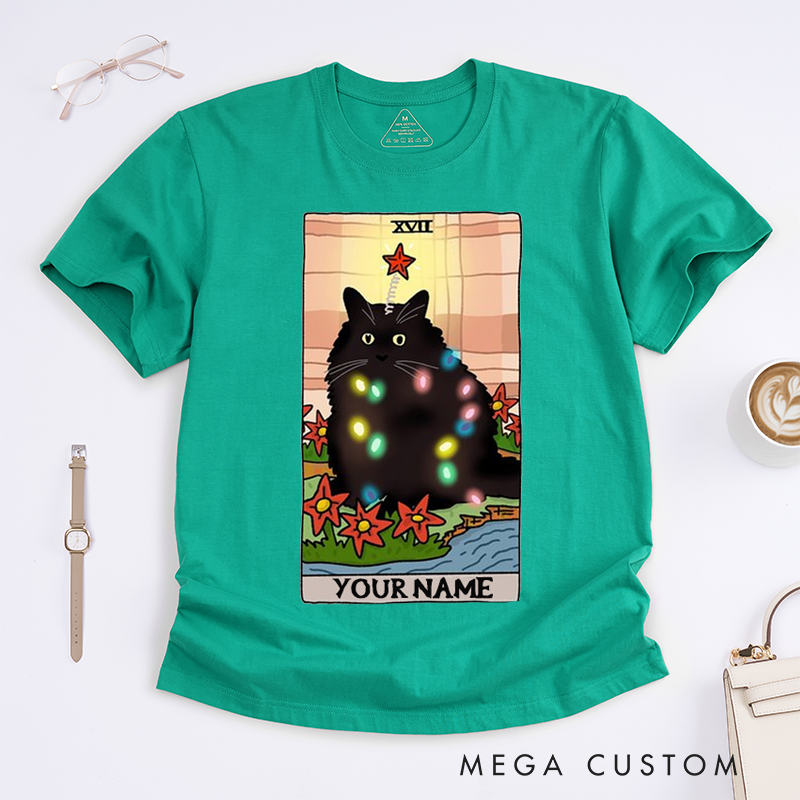 Personalized Black Cat Tarot Card Classic T-Shirts Christmas Lights Design Unique Gift for Cat Lovers Unisex Tee Stylish Top