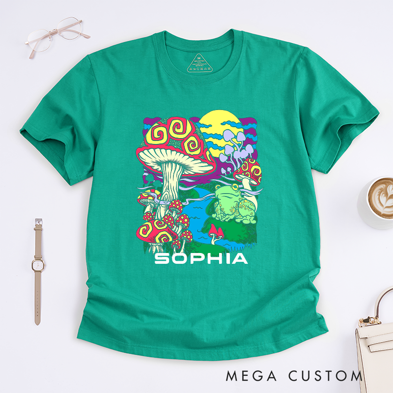 Personalized Psychedelic Frog and Mushroom Classic T-Shirts Custom Name Colorful Trippy Art Unisex Casual Gift for Nature Lovers Unique Graphic Tee