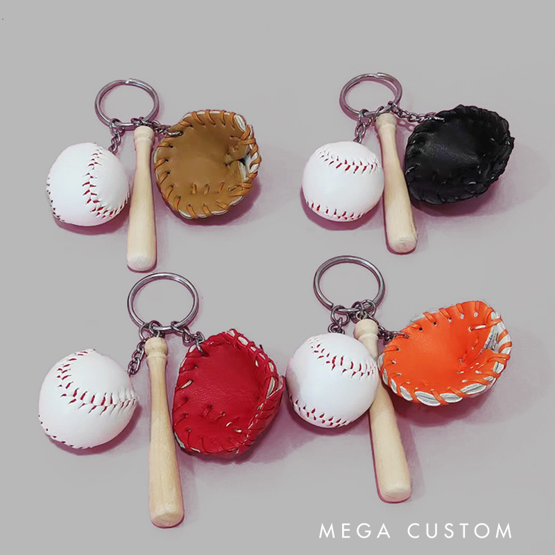 Personalized Baseball Keychain with Custom Name, Number, Glove, Bat, and Ball Charms
