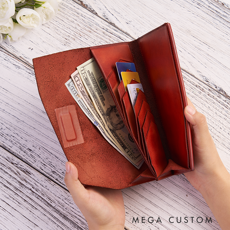 Personalizedustom Birth Flower Women Wallet Engraved Leather Wallet Leather Purse Birth Flower Monogram Wallet Women's Purse Gift For Her Gift For Mother Birthday Gift