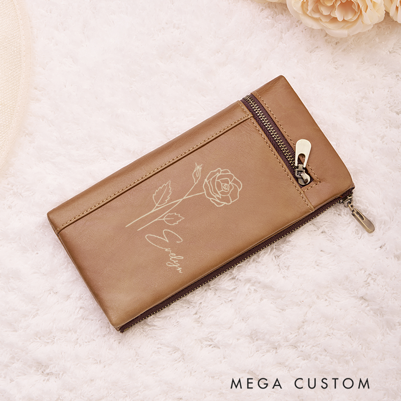 Personalized Birth Flower Women Wallet Leather Engraved Wallet Birth Flower Monogram Wallet Gift For Her Gift For Mother Birthday Gift