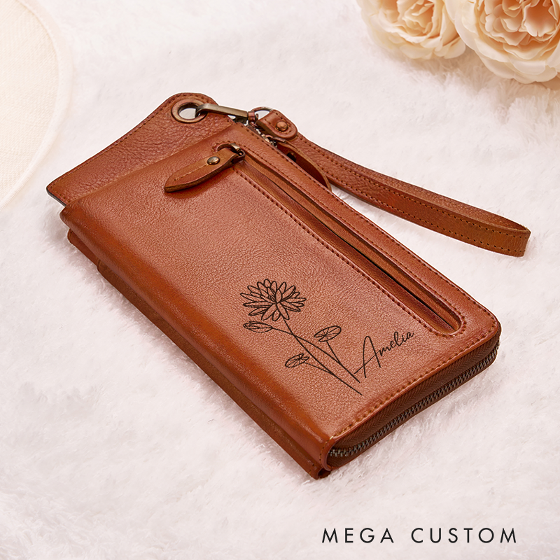 Personalized Leather Wallet For Her Birth Flower Women Wallet Engraved Leather Wallet Birth Flower Monogram Wallet Women's Purse Gift For Her Gift For Mother Birthday Gift