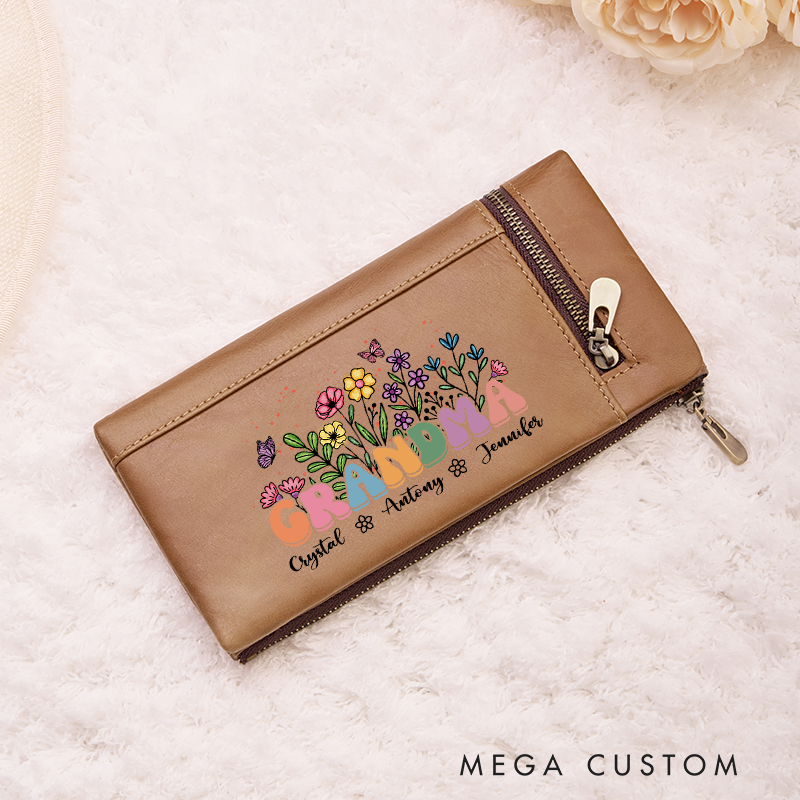 Personalized Birth Flower Women Wallet Leather Engraved Wallet Birth Flower Monogram Wallet Gift For Her Gift For Mother Birthday Gift
