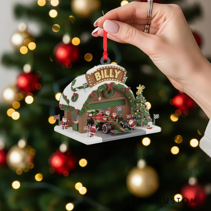 Personalized Racing Garage Ornament Custom Name Race Car Christmas Decor
