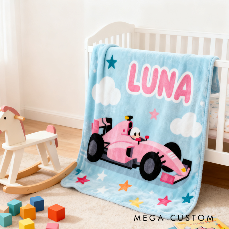 Personalized Pink Racing Car Blanket Custom Name Soft Cozy Sherpa Fleece Throw Blankets Sport Gift