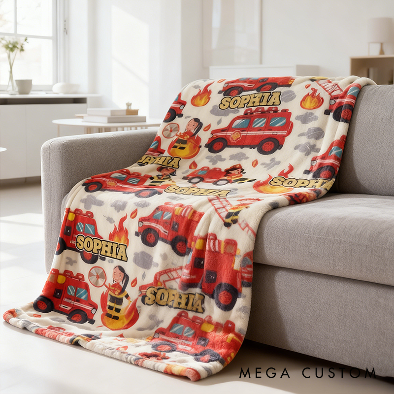 Personalized Firetruck Blanket Customized Fireman Blanket Custom Name Blanket Trendy Firefighter Boy Birthday Gift