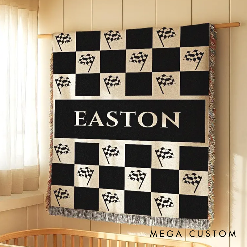 Personalized Race Car Baby Blanket Checkered Woven Cotton Boy Gift