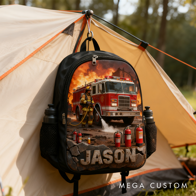 Personalized Firefighter Themed Backpack Custom Heroic Design with Fire Truck Backpack