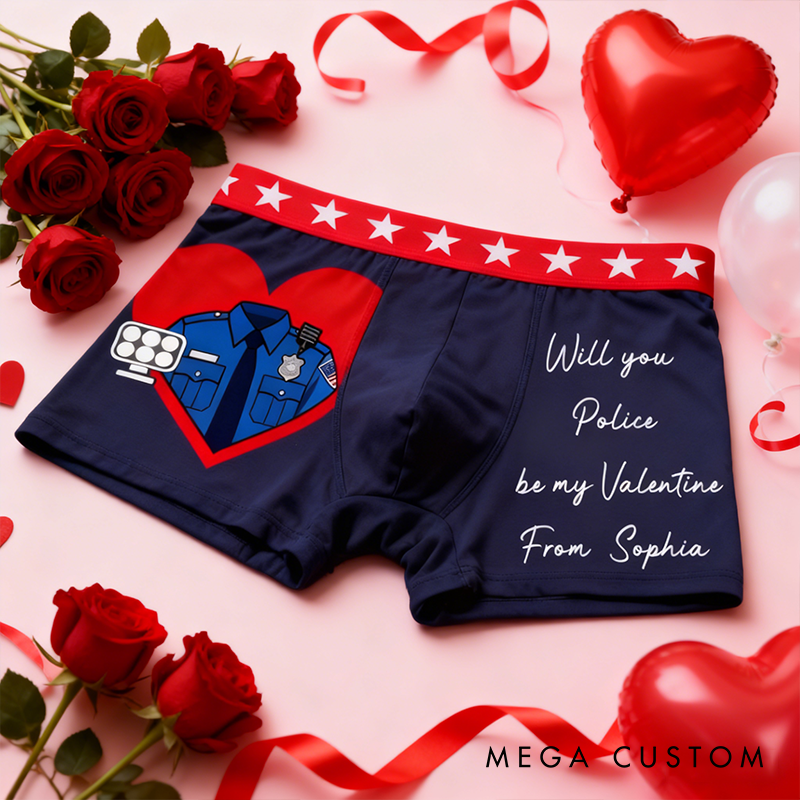Personalized Police Themed Boxer Briefs Custom Will You Police Be My Valentine Boxer Brief Underwear 