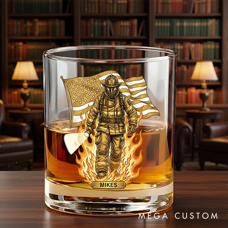 Personalized Whiskey Glass with Firefighter and Flag Custom Drinkware for Firefighter