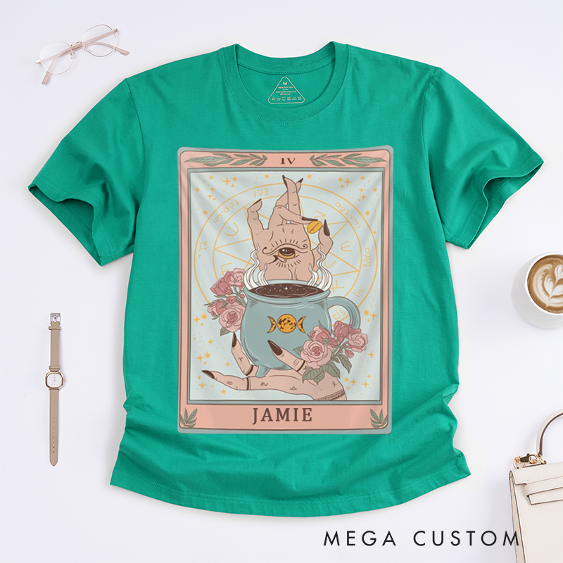 Personalized Tarot Lovers Classic T-Shirts The Coffee Full color Tarot Card Shirt Coffee Cup witchy Mystical Tarot T-shirts Gift