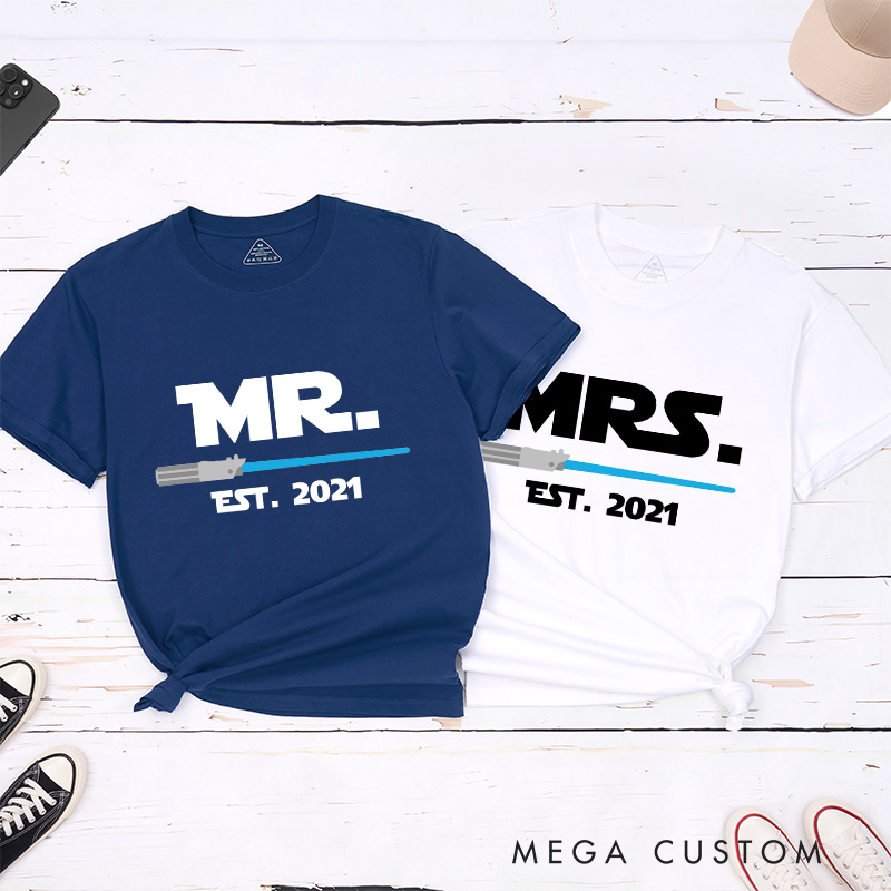 Personalized Mr and Mrs Couple Matching Classic T-Shirts Anniversary Honeymoon Shirt for Movie Lovers Valentines Day Just Married Shirt