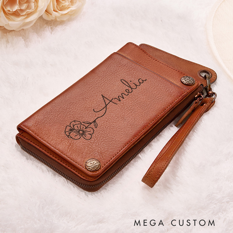 Personalized Leather Wallet For Her Birth Flower Women Wallet Engraved Leather Wallet Birth Flower Monogram Wallet Women's Purse Gift For Her Gift For Mother Birthday Gift