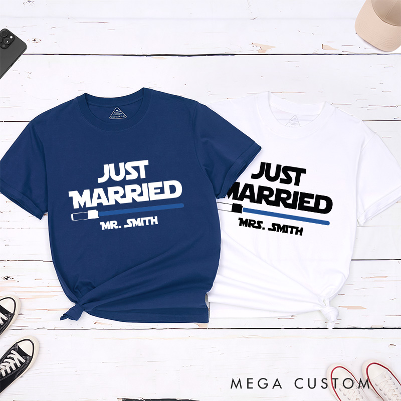 Personalized Star Just Married Couple Matching Classic T-Shirts Honeymoon Shirt for Movie Lovers Just Married Shirt Valentines Day Husband and Wife