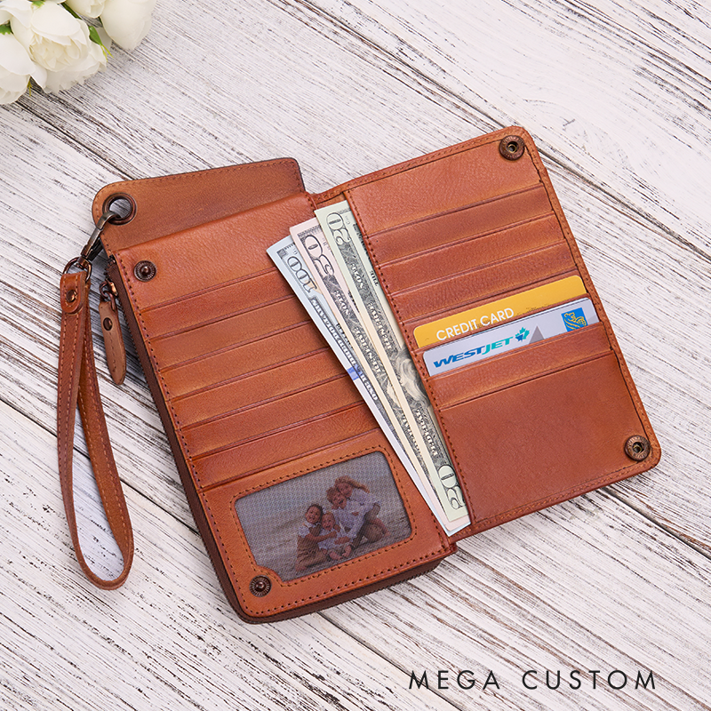 Personalized Leather Wallet For Her Birth Flower Women Wallet Engraved Leather Wallet Birth Flower Monogram Wallet Women's Purse Gift For Her Gift For Mother Birthday Gift
