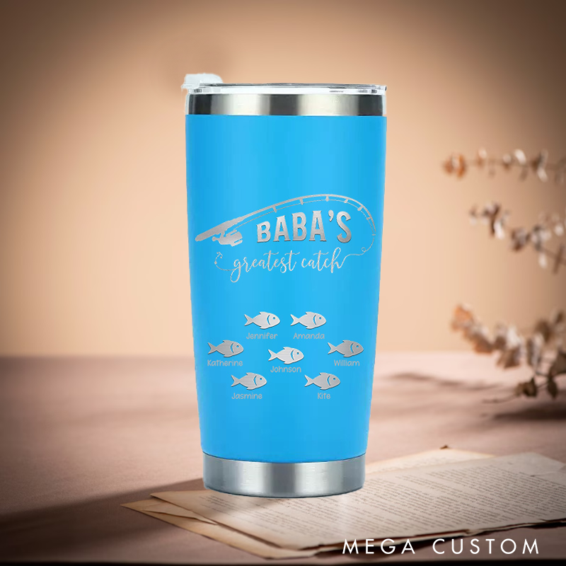 Personalized Greatest Catch Stainless Steel Tumbler with Fish and Fishing Rod design Perfect Gift for Fishing Lover