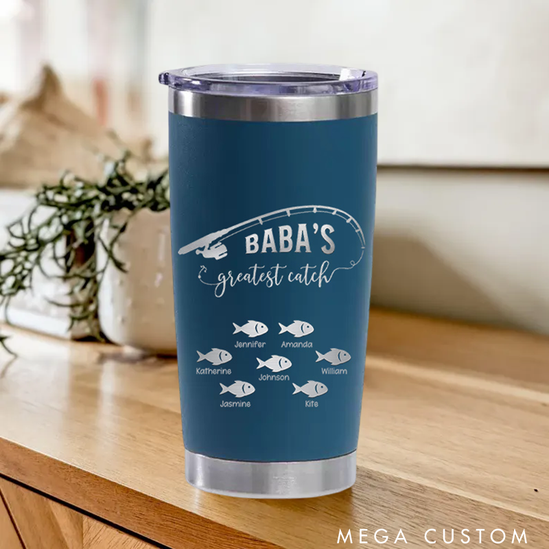 Personalized Greatest Catch Stainless Steel Tumbler with Fish and Fishing Rod design Perfect Gift for Fishing Lover