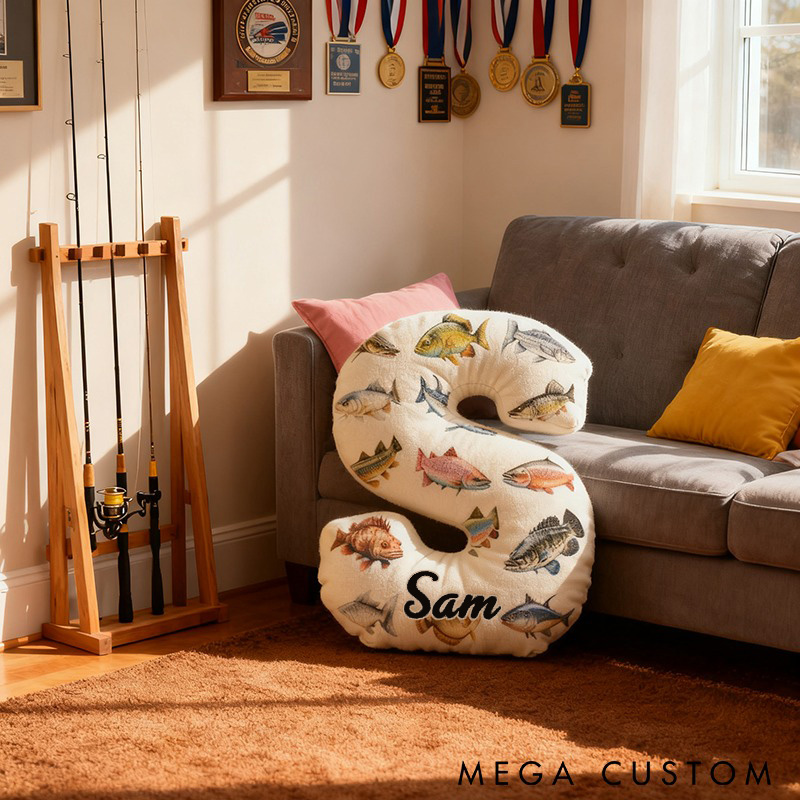 Personalized Fishing Letter Pillow Funny Fishing Pillow Custom Name Cushion with Realistic Fish Prints Graphic 3D Print Soft and Unique Gift for Fishing Enthusiasts and Home Decor