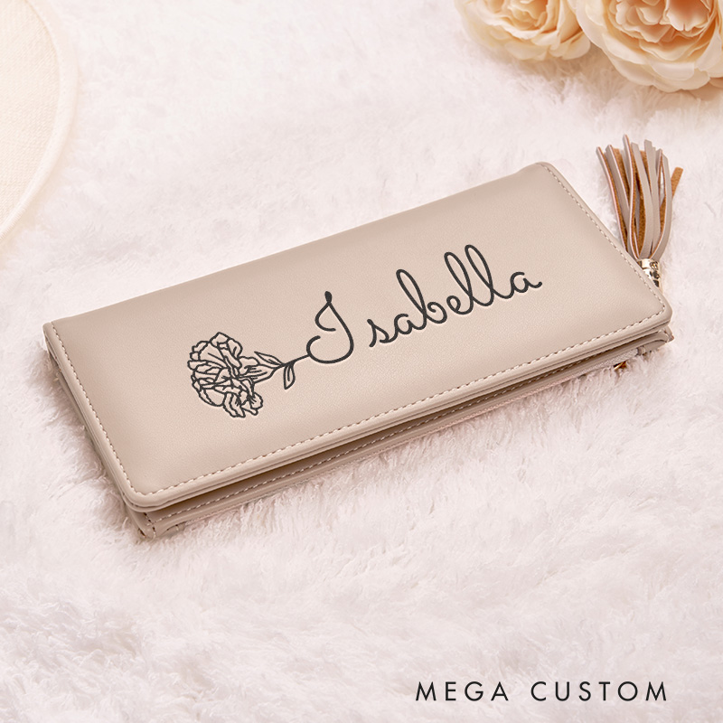 Personalized Leather Wallet for Women Birth Flower Leather Wallet Engraved Leather Wallet with Name Women Slim Wallet Clutch Purse Unique Gift for Her Birthday Gifts