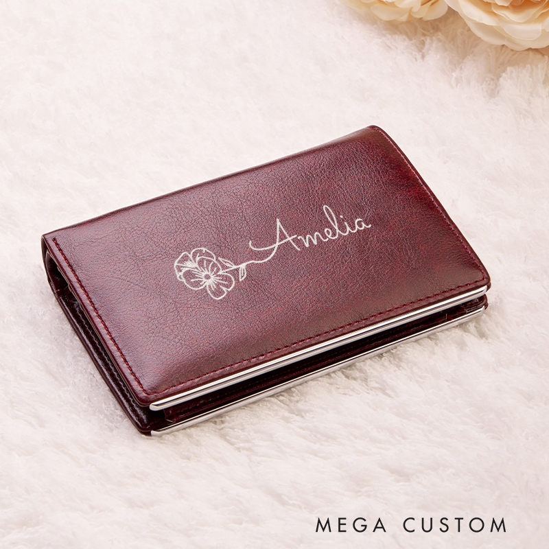 Personalized Leather Wallet For Her Birth Flower Wallet with Name Engraved Wallet For Women Leather Purse Birthday Gift For Her Gift For Mother Bridesmaid Gift Christmas Gift