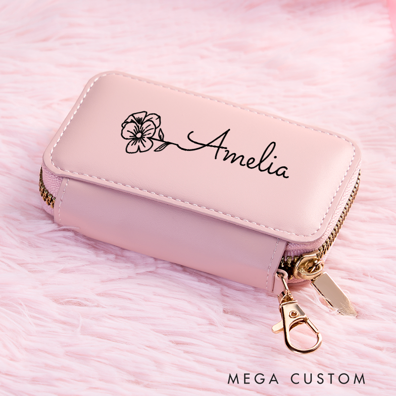 Personalized Leather Wallet for Girl Birth Flower Wallet for Her Zipper Wallet Card Holder Wallet Purse Wallet Cute wallet Women's Purse Unique Gift for Her Birthday Gifts