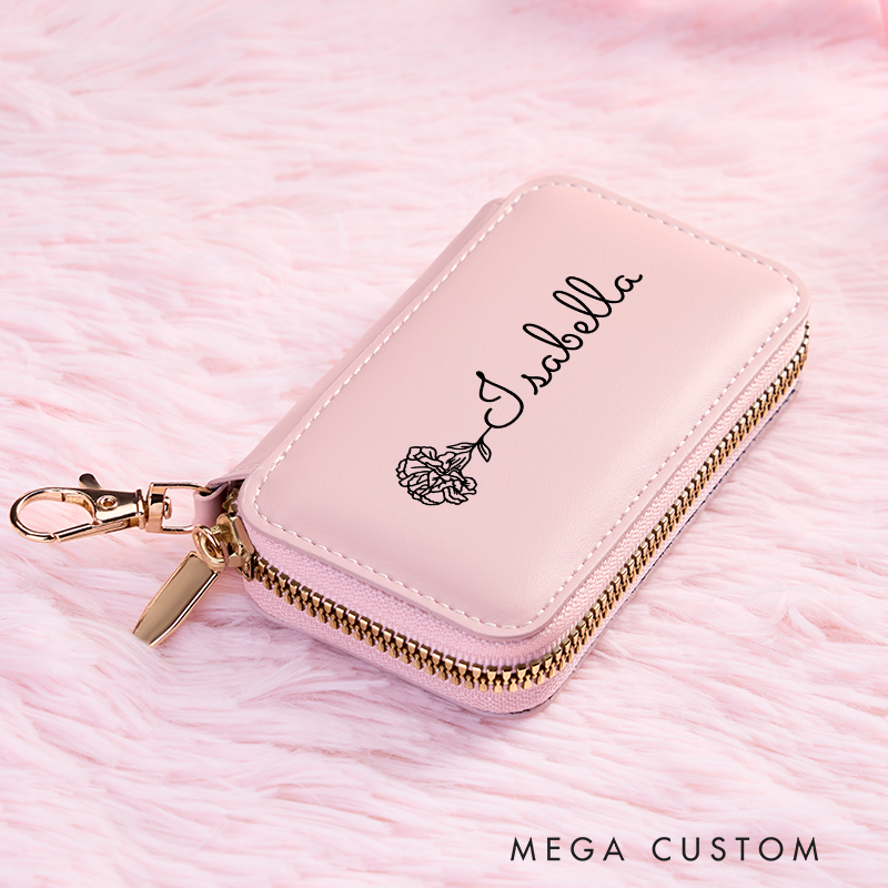 Personalized Leather Wallet for Girl Birth Flower Wallet for Her Zipper Wallet Card Holder Wallet Purse Wallet Cute wallet Women's Purse Unique Gift for Her Birthday Gifts