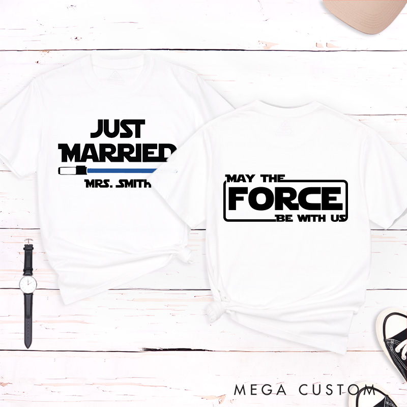 Personalized Star Just Married Couple Matching Classic T-Shirts Honeymoon Shirt for Movie Lovers Just Married Shirt Valentines Day Husband and Wife