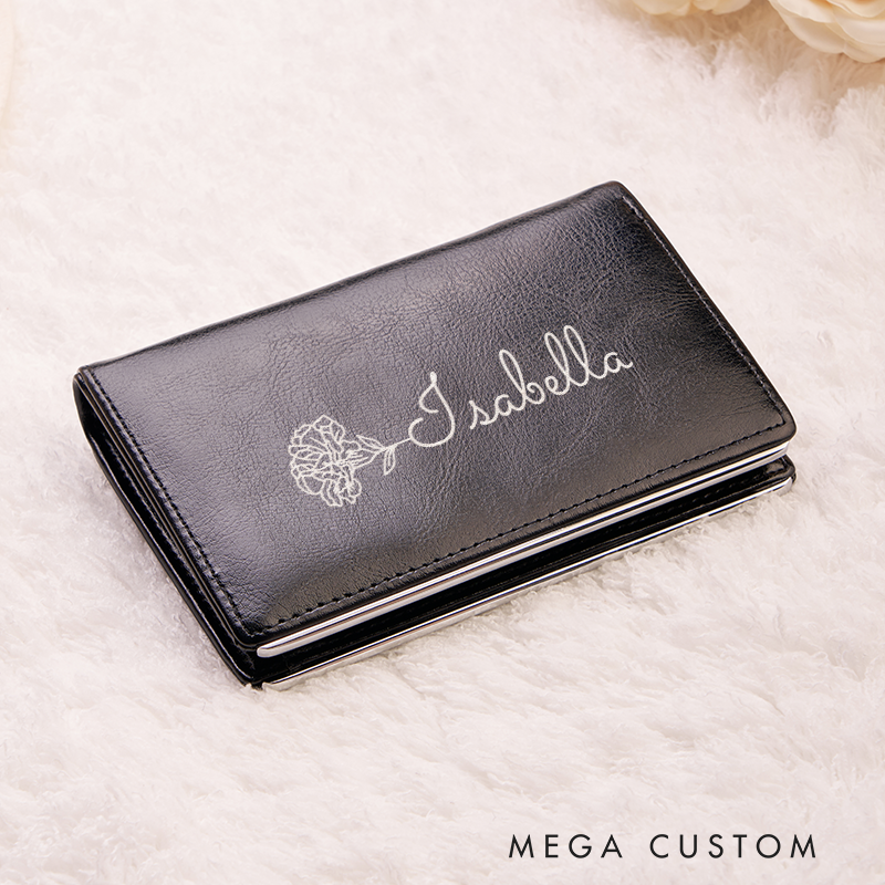Personalized Leather Wallet For Her Birth Flower Wallet with Name Engraved Wallet For Women Leather Purse Birthday Gift For Her Gift For Mother Bridesmaid Gift Christmas Gift