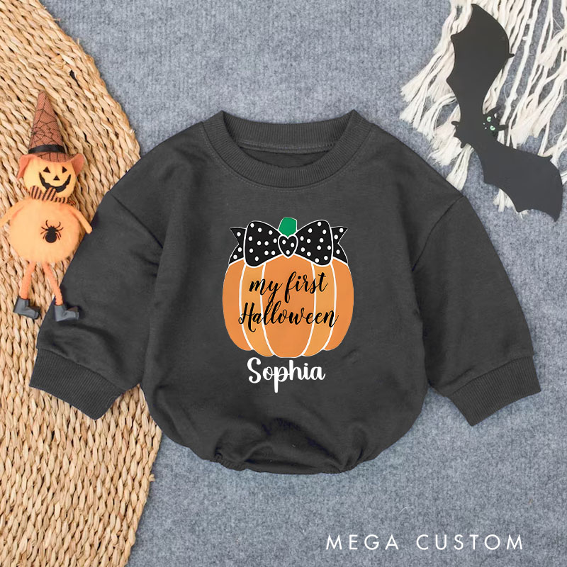 Personalized My First Halloween Pumpkin Baby Bodysuit with Bow Accent