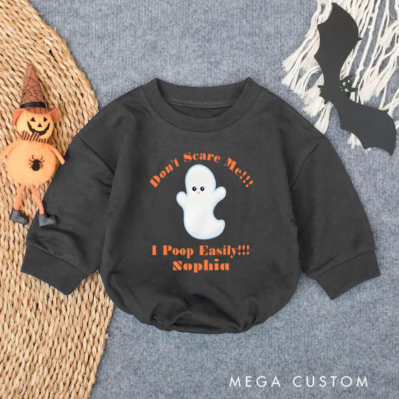 Personalized Funny Ghost Baby Bodysuit with Don’t Scare Me I Poop Easily Halloween Humor