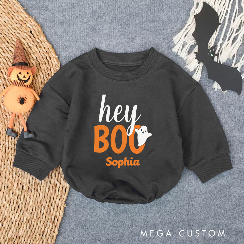 Personalized Hey Boo Orange Black Funny Halloween Ghost Baby Bodysuit