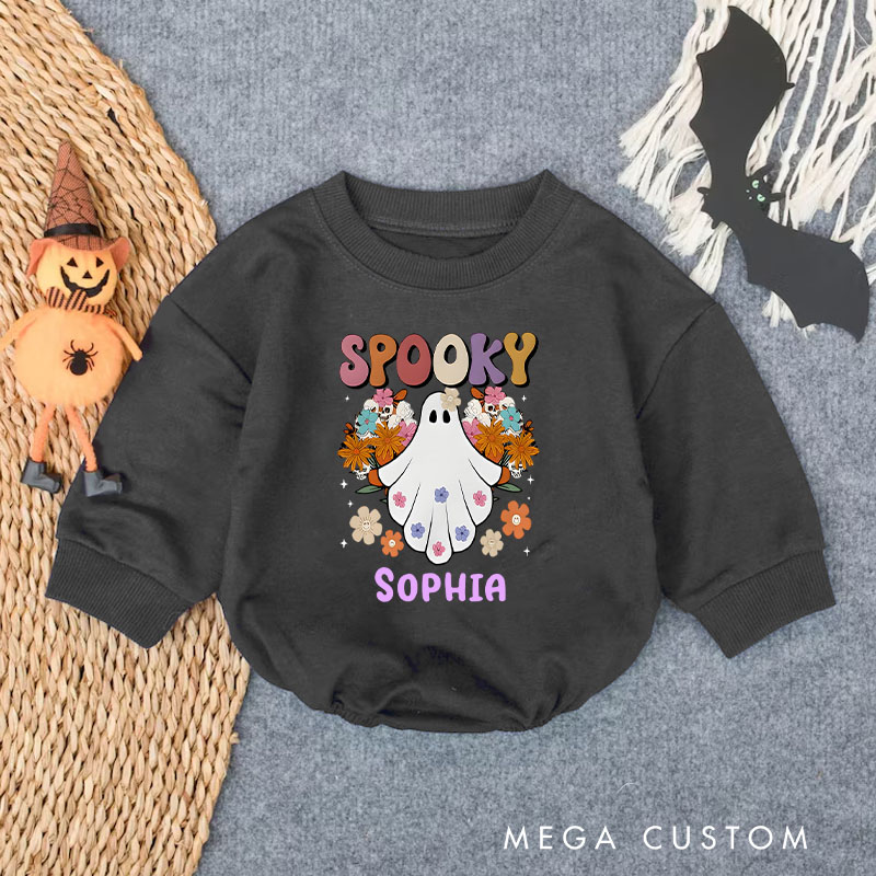 Personalized Spooky Baby Bodysuit with Ghost and Fall Leaves for a Festive Look