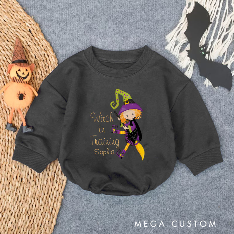 Personalized Witch in Training Baby Bodysuit Featuring Cute Witch Illustration for Halloween Fun