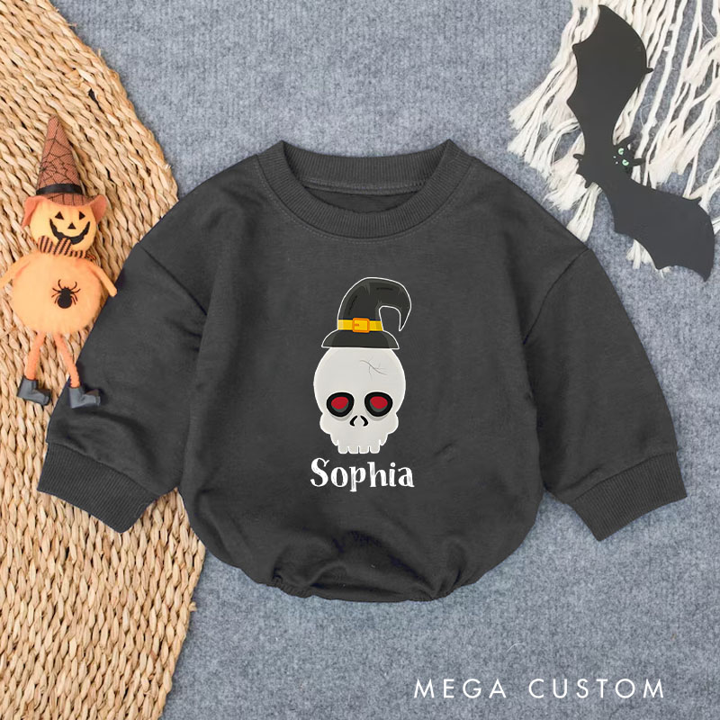 Personalized Skull Baby Bodysuit with Halloween Hat Perfect for Spooky Celebrations