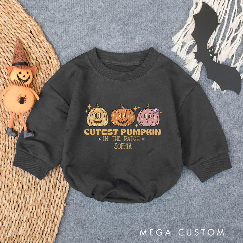 Personalized Cutest Pumpkin in the Patch Baby Bodysuit with Adorable Pumpkin Trio Illustration