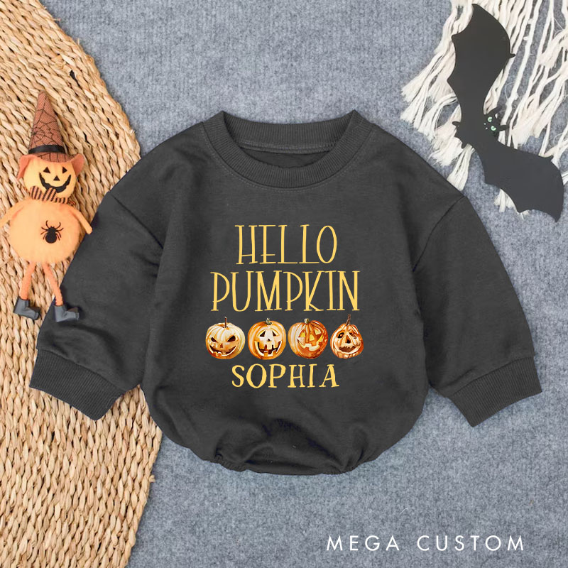Personalized Hello Pumpkin Baby Bodysuit with Colorful Pumpkins for a Sweet Fall Celebration