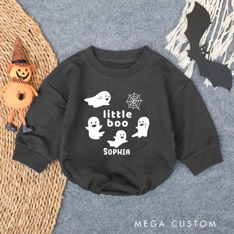 Personalized Little Boo Baby Bodysuit with Playful Ghosts and Spider Web for Halloween Fun