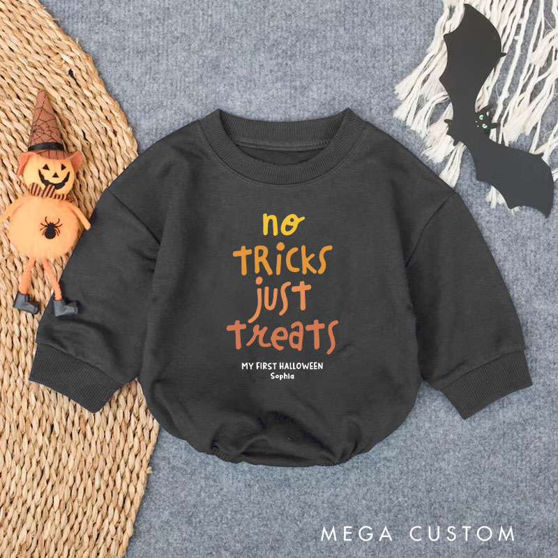 Personalized No Tricks Just Treats Baby Bodysuit Featuring Festive Text and Customizable Name
