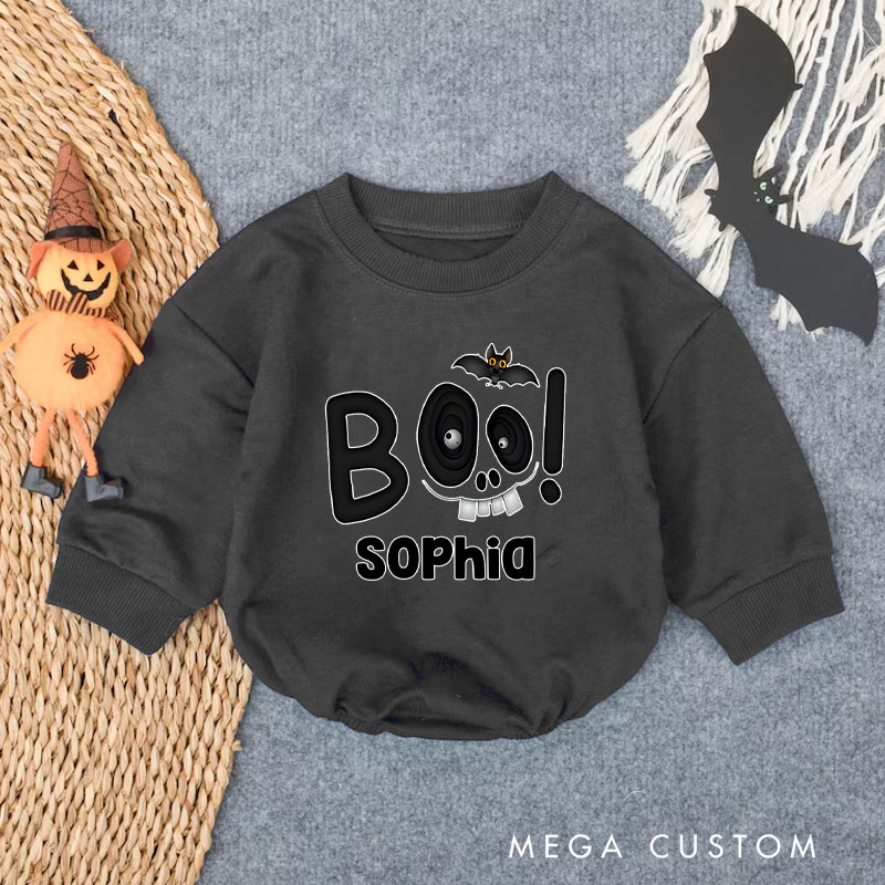 Personalized Boo Baby Bodysuit with Bold Text and Cute Bat Perfect for Spooky Celebrations